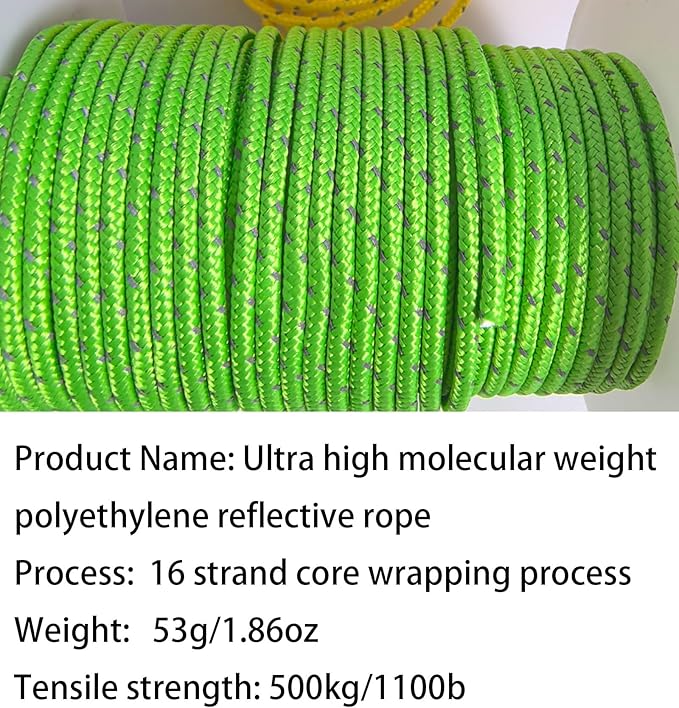 Dyneema Reflective Rope -2mm 400kg Fracture Strain - Suitable for Tents, Kite Surfing, and Other 65 feet (Green, 2mm)
