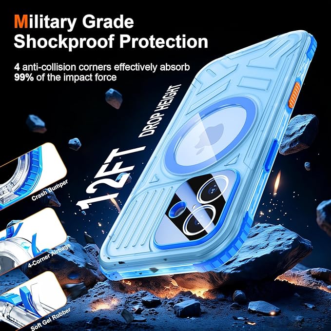 SPIDERCASE Magnetic for iPhone 17 Case Waterproof,[Built-in Screen & Camera Protector] [IP68 Underwater] 12FT Military Shockproof, Dustproof, Anti-Scratched Phone Case,Blue/Clear