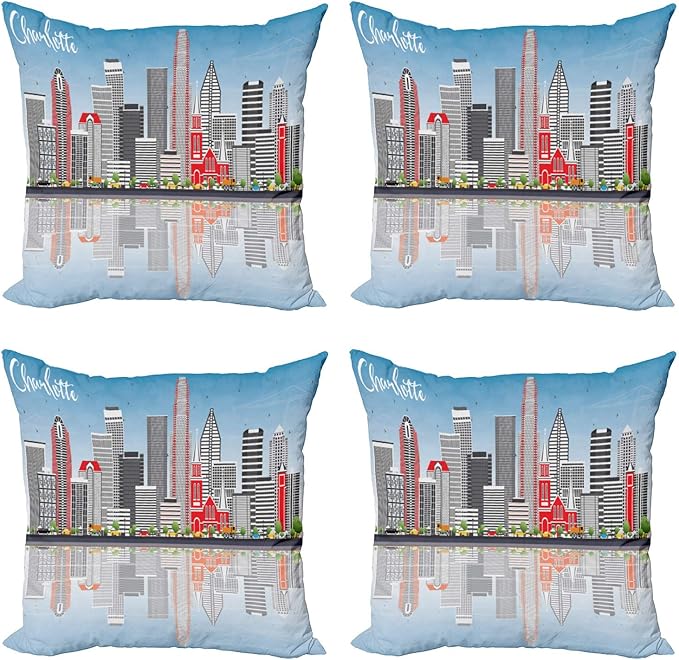 Ambesonne North Carolina Throw Pillow Cushion Case Pack of 4, Charlotte Skyline with Urban Skyscrapers Buildings City Landscape, Modern Accent Double-Sided Digital Printing, 20", Grey Coral