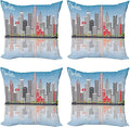 Ambesonne North Carolina Throw Pillow Cushion Case Pack of 4, Charlotte Skyline with Urban Skyscrapers Buildings City Landscape, Modern Accent Double-Sided Digital Printing, 20", Grey Coral