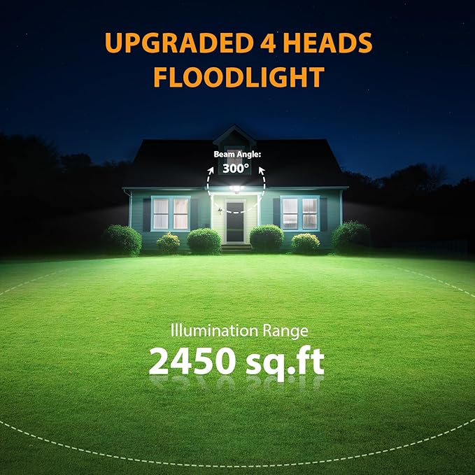 Abovizo 90W Flood Lights Outdoor, 10000LM Dusk to Dawn Outdoor Lighting, IP65 Waterproof, 6500K Daylight, 4 Heads LED Security Light for Garage, Yard, Porch (Black)