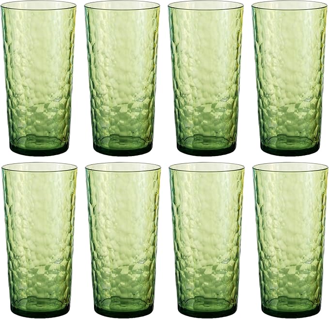 24-ounce Plastic Tumblers, Acrylic Drinking Glasses High-Balls, Reusable Plastic Cups, set of 8 Green, Hammered Style Stackable, BPA-Free, Shatter-Proof, Dishwasher-Safe