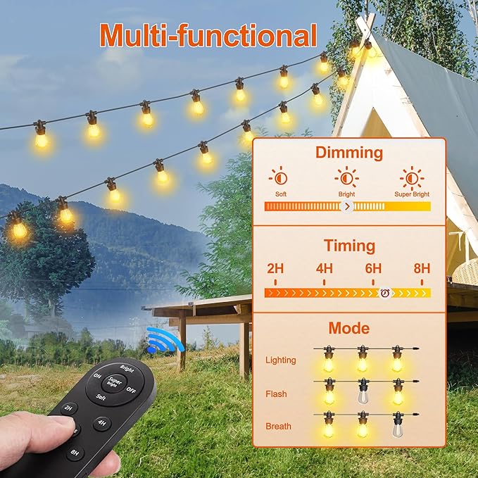 Stright 55FT Solar String Lights Outside Remote Control with USB Charging Port E12 S14 Bulbs, 55 Feet 17 Lamp Outdoor Solar Power Dimmable LED Bulbs for Patio Garden Market Bistro Backyard