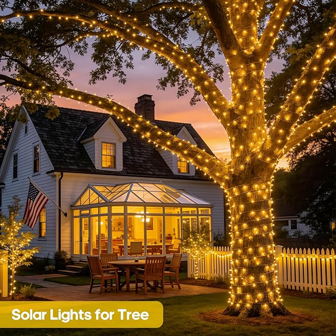 JMEXSUSS 2 Pack Solar String Lights Outdoor Waterproof, Total 400 LED 151FT Solar Powered Outdoor String Lights, 8 Modes Solar Christmas Light for Outside Patio Yard Tree Decorations, Warm White