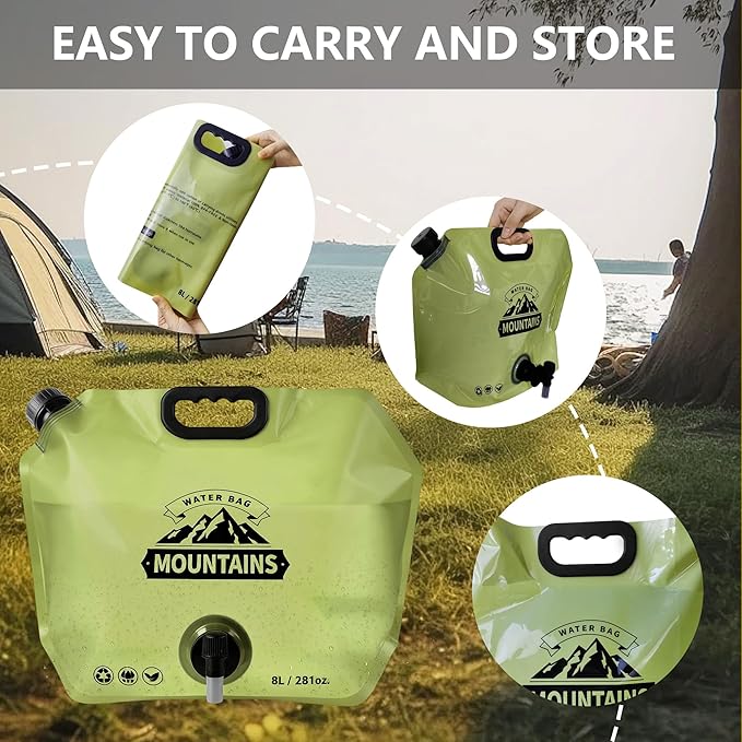 Collapsible 8L Water Storage Bag, BPA-Free Portable Folding Water Jug with Adjustable Faucet, Leakproof Emergency Water Bag for Camping, Hiking, Riding, Outdoor Sport (4, Green)