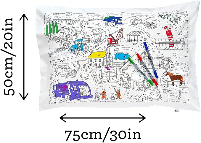 eatsleepdoodle 30x20in White Cotton Pillowcase with 10 Pack Washable Markers for Kids - Cars & Trucks Coloring Activity