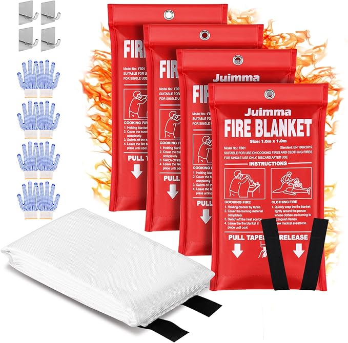 Juimma Fire Blanket for Home and Kitchen - 40" x 40" Prepared Fire Blankets Emergency for Home, School, Camping, Office, Warehouse, with Gloves and Hooks, 4 Packs