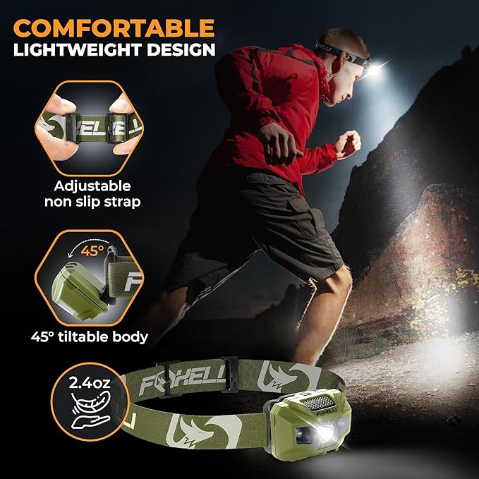 Foxelli USB‑C Rechargeable LED Headlamp – Ultra‑Light 2.4 oz & Bright 180 Lumens – Red/White Light, 5 Modes, IPX5 Waterproof, 40 h Runtime for Trail Running, Camping, Hiking