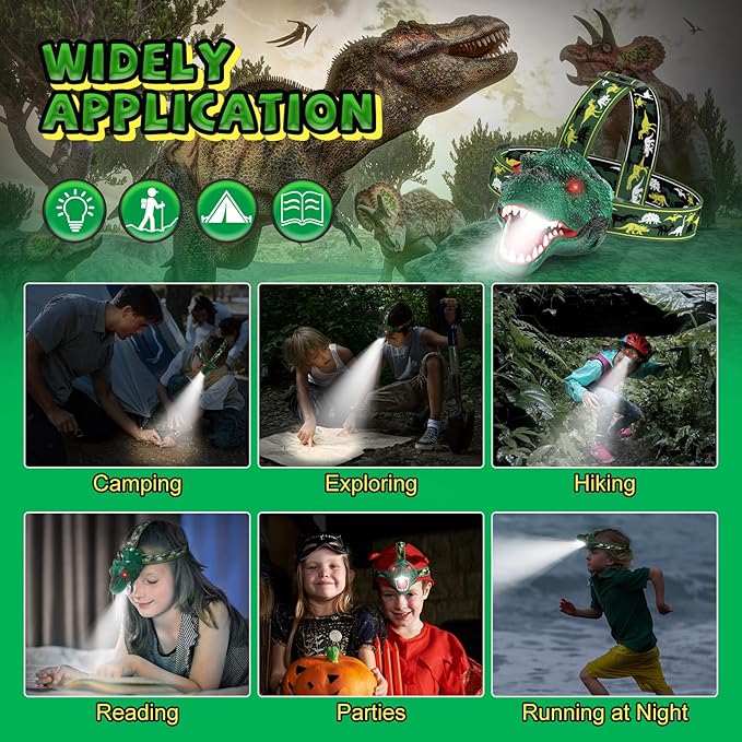 Nitigo Dinosaur Headlamp for Kids Flashlight Rechargeable Led Dino Head Lamp Roar & Silent Mode, T-Rex Dinosaur Toys for Kids 3 4 5 6 7 8, Camping Gear, Easter Gifts for Boys Girls Adults