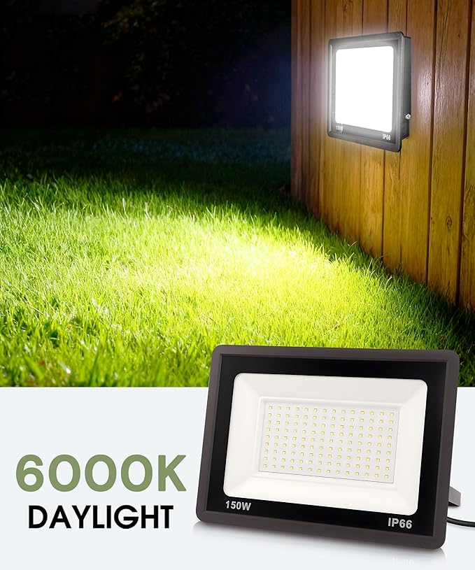 L LOHAS LED Flood Lights Outdoor, 150W Dusk to Dawn Outdoor Lighting, IP66 Waterproof Plug in Floodlights, 6000K Daylight Work Light, Security Lights for Yard, Garage, UL Listed, 2Pack