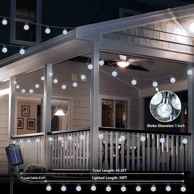 Joomer Solar Powered String Lights Waterproof, 39FT 60 LED Outdoor Solar String Lights Crystal Ball Light 8 Modes Globe Light for Garden, Gazebo, Porch, Lawn, Patio, Tree Decor (White)