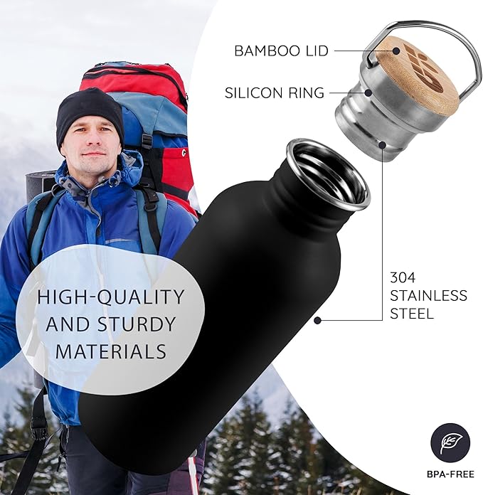 Bambaw 16 oz Stainless Steel Water Bottle, Black - Non-insulated, Dishwasher Safe, No Straw