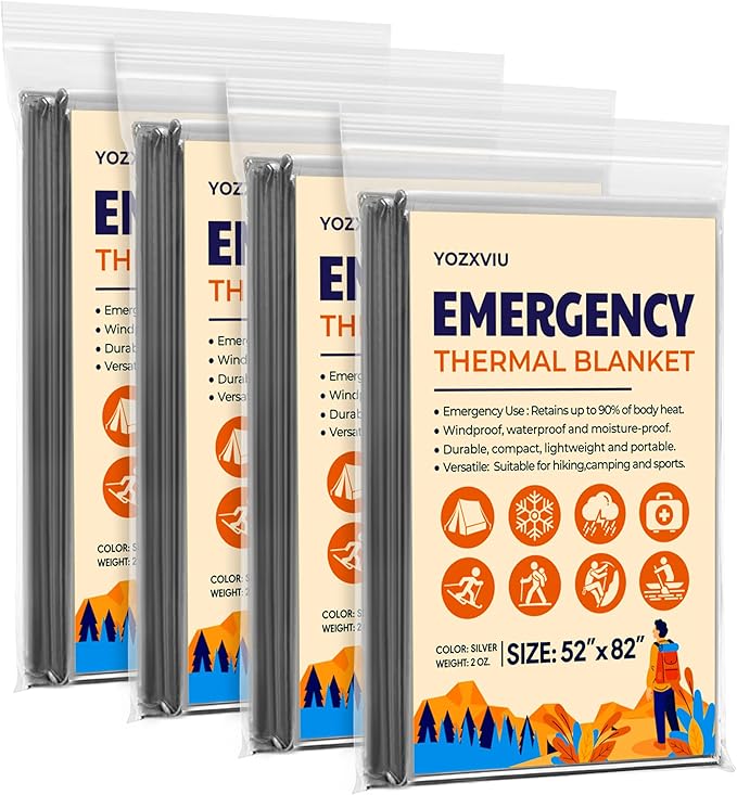 Emergency Blanket, Mylar Thermal Space Blanket for Survival Gear, 4 Pack, 82 in X 52 in