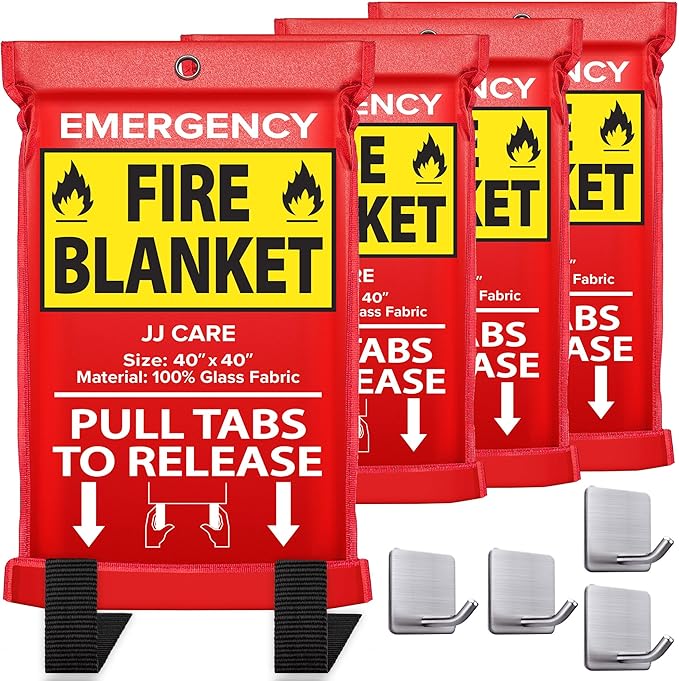 JJ CARE Fire Blanket – 40"x40" 4 Packs with Hooks – Emergency Fire Blanket for Home & Kitchen, High Heat Resistant Fire Suppression Blankets for Home Safety, Kitchen, and Camping