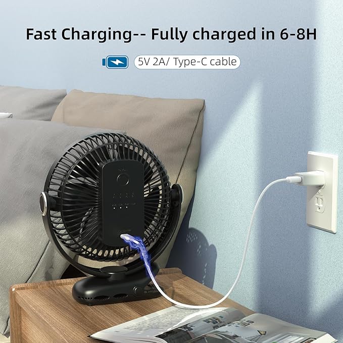 10000mAh 30hrs Portable Fan Rechargeable, 8-Inch Battery Operated Clip on Fan, USB Fans, 4 Speeds, Strong Airflow, Sturdy Clamp for Golf Cart Office Desk Outdoor Travel Camping Bed Truck Treadmill