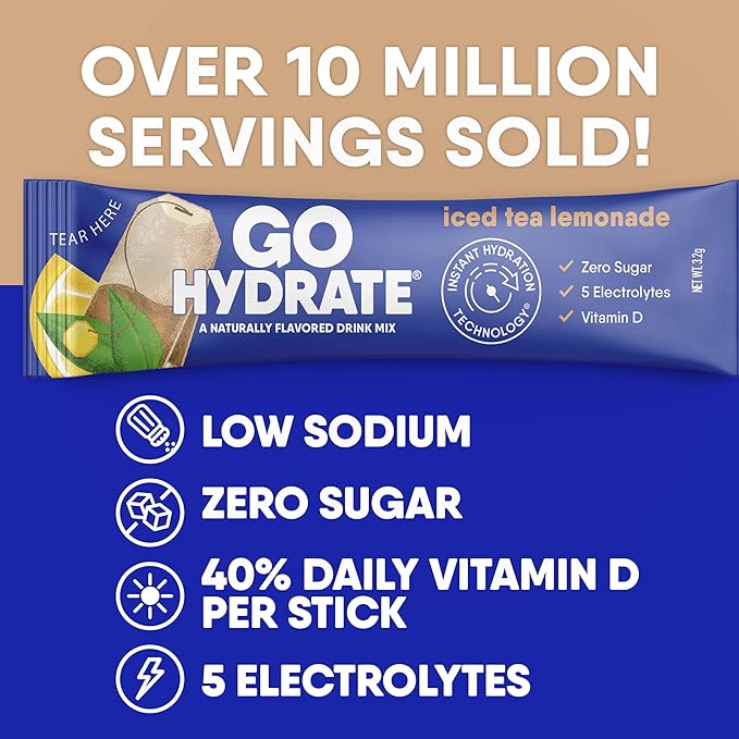 GoHydrate Low Sodium Electrolytes Powder Packets Sugar Free - Instant Hydration Daily Drink Mix - Zero Sugar Water Flavor Packet Singles with Vitamin D - (Iced Tea Lemonade, 30 Packs)