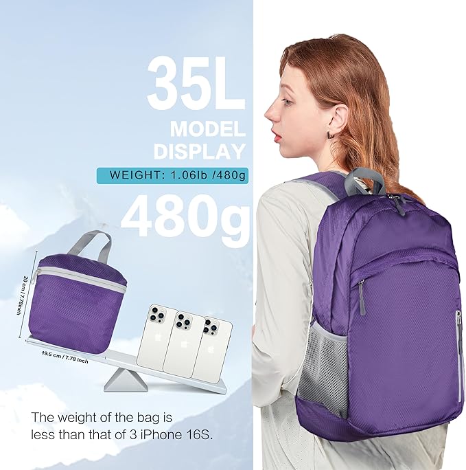 Waterproof Foldable Backpack Dry Storage Lightweight Daypack 35L Outdoor Backpack for Beach Men Women Purple