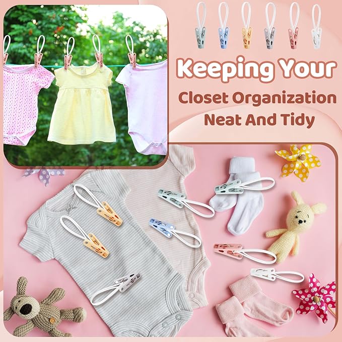 90 Pack Multi Purpose Laundry Hooks Hanging Clips, Clothes Pins with Plastic Rope Hangers with Clips for Baby Clothes Pants Socks Towels Wardrobe & Kitchen Organization