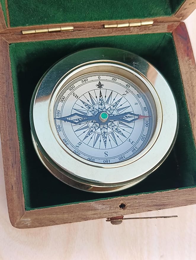 Vintage Brass Compass with Wooden Box – Antique Navigation Compass for Hiking, Camping, Gifts & Home Decor – Classic Map Reading Compass for Men
