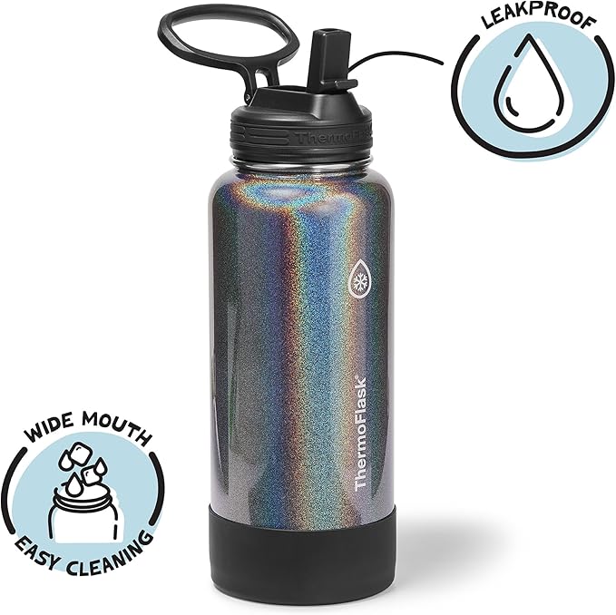 ThermoFlask 32 oz Double Wall Vacuum Insulated Stainless Steel Water Bottle with Straw Lid, Iron Night