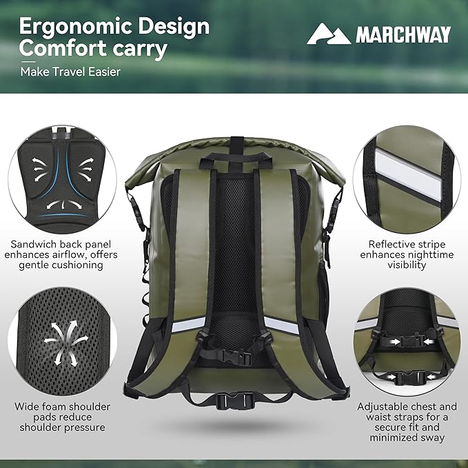 MARCHWAY Roll Top Waterproof Backpack, Floating Dry Bag 20L/30L/45L with Ergonomic Rectangular Base, Cushioned Back, Hip Strap for Hiking Camping Kayaking Travel (Army Green, 20L)