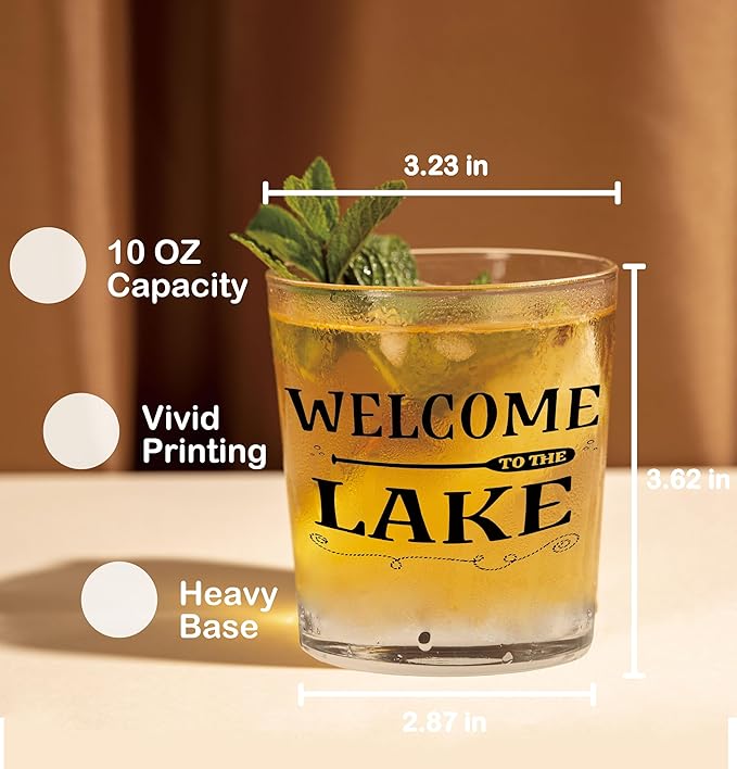 Nogrit Lake House Decor Gifts Whiskey Glasses 10 Oz,Welcome to the Lake, Funny Old Fashioned Rocks Glasses for Women Men Drinking Cocktail Scotch Vodka Tequila Rum