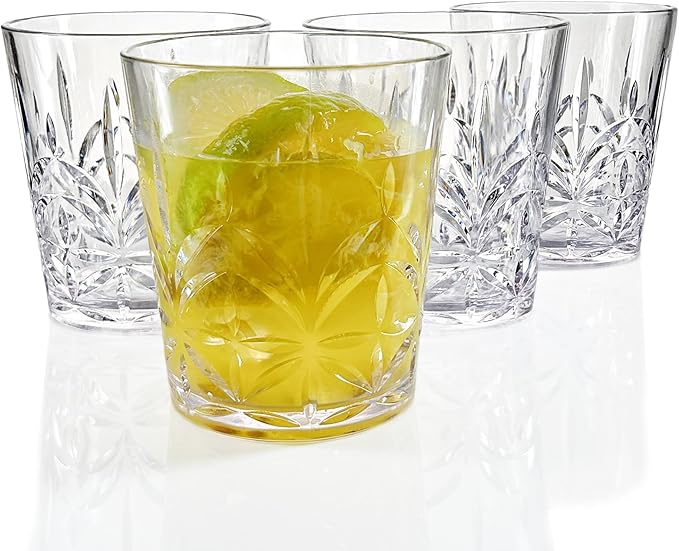 Lily's Home Unbreakable Premium Drinking Glasses Set of 4, Plastic Cups, Reusable Drinkware, Tumblers Water Cups, Shatterproof & Stackable, Indoor & Outdoor, 3.5in×3.9in, 13.5oz. Made in Taiwan.
