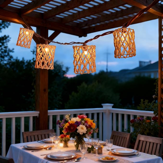 Decorative String Lights Plug in with 10 Incandescent Bulbs, Handwoven Rattan Cylinder-shaped Boho Lantern String Lights Connectable Weatherproof Outdoor Indoor for Bedroom Patio Pergola Decor (Beige)