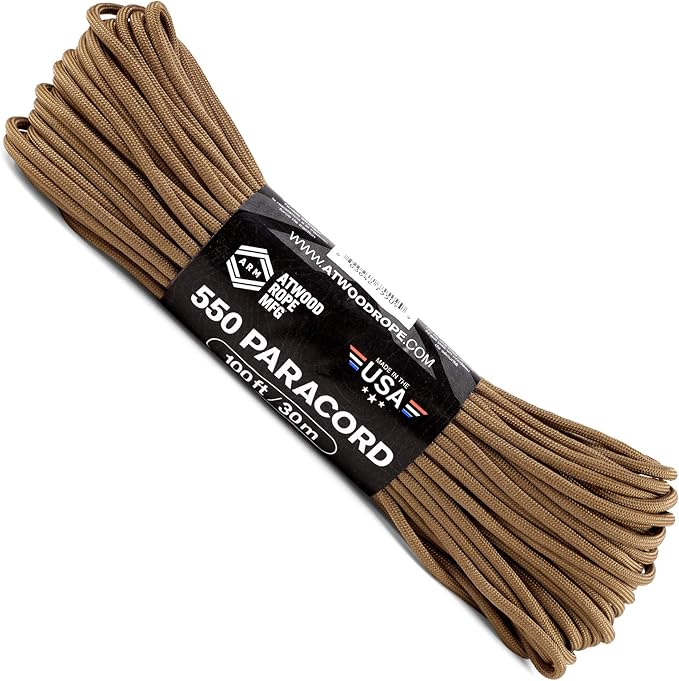 Atwood Rope MFG 550 Paracord 100 Feet 7-Strand Core Nylon Parachute Cord Outside Survival Gear Made in USA | Lanyards, Bracelets, Handle Wraps, Keychain (Coyote)