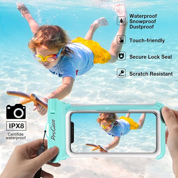 ProCase 2 Pack Waterproof Phone Pouch, Underwater Phone Case Up to 7", Dry Bag for iPhone 17 Air 16 15 14 13 Pro Plus Max, Galaxy S24 S23 S22 Ultra Pixel, Beach Essentials -Green