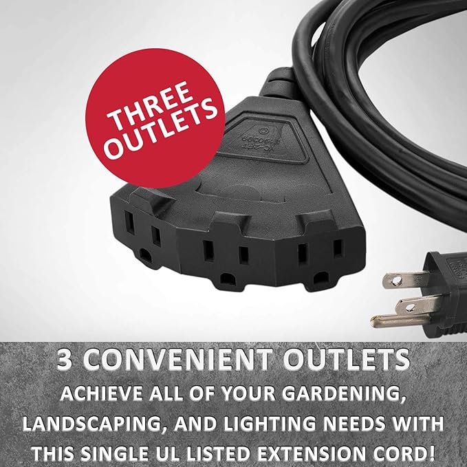 Holiday Lighting Outlet 6-Foot Black Extension Cord, 3-Prong Indoor & Outdoor Splitter, Perfect for Landscape Lighting