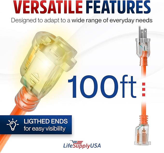 100ft Outdoor/Indoor Extension Cord 14/3 Gauge Heavy Duty 3 Prong SJTW, Waterproof, Flexible Cold-Resistant Long Power Cord,13A 125V 1625W, Orange by LifeSupplyUSA