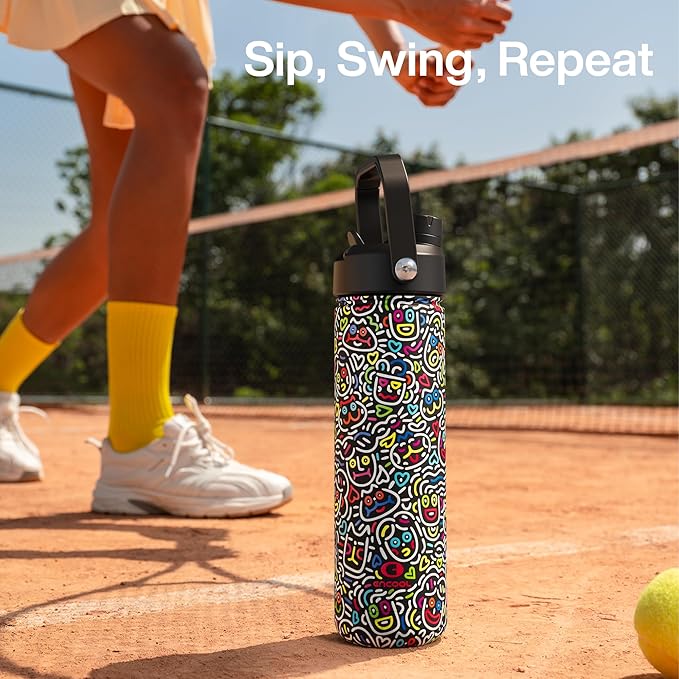 ENCOOL Insulated Water Bottle with Straw Stainless Steel Water Bottle, Leak-Proof, BPA-Free, Double Wall Vacuum Keeps Cold for 24 Hours for Sports, Travel, School (26 oz, Graffiti Faces)