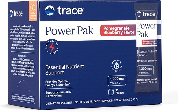 Trace Minerals | Power Pak Electrolyte Powder Packets | 1200 mg Vitamin C, Zinc, Magnesium | Boost Immunity, Hydration and Natural Energy | Pomegranate Blueberry | 30 Packets
