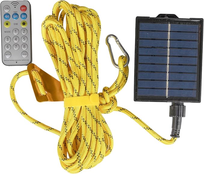 Solar Luminous Paracord Rope, 23ft Solar-Powered Yellow Glow Rope with Remote, 8 Lighting Modes + Timer, 500 mAh Battery, IP66 Waterproof for Outdoor Camping