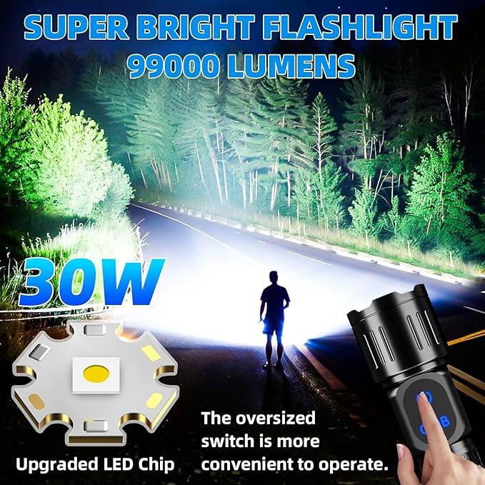Rechargeable LED Flashlight, Super Bright 99000 High Lumens Flash Light, 9 Modes Zoomable Flashlight with LCD Display, Waterproof Tactical Flashlights for Camping, Home Emergency