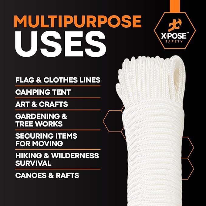 Line Nylon Cord - 100 Ft White Reflective Guyline - Camping Rope, Guy Lines, Tie Down Rope - Tent Accessories & Cordage