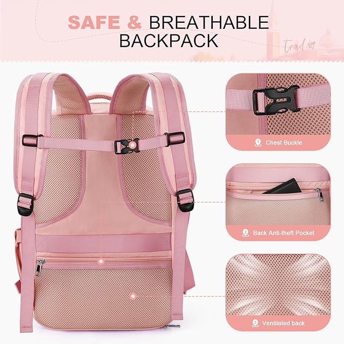 Maelstrom Travel Backpack for Women Men,25L Laptop Backpack Fits 15.6-Inch Laptop,Waterproof Carry On Backpack for Airplanes with Detachable Crossbody Bag & Shoe Compartment (Pink, Medium)