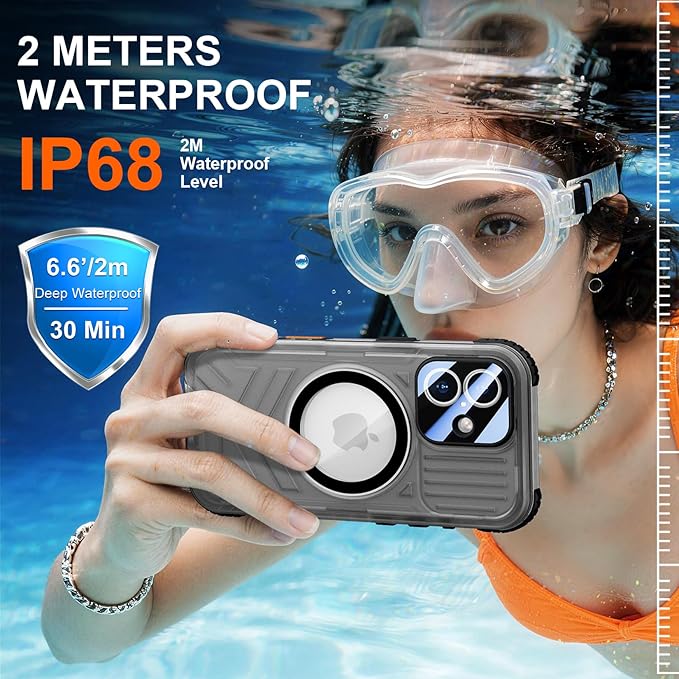 SPIDERCASE Magnetic for iPhone 17 Case Waterproof,[Built-in Screen & Camera Protector] [IP68 Underwater] 12FT Military Shockproof, Dustproof, Anti-Scratched Phone Case,Black/Clear