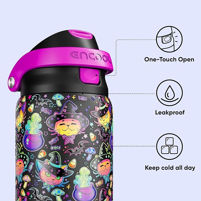 Encool SwiftSip Insulated Stainless Steel Water Bottle with Straw - Leak Proof Sports Water Bottle for School, Travel, Keeps Cold All Day, One-Touch Flip Lid, BPA-Free, 32 oz, Meowgic Night