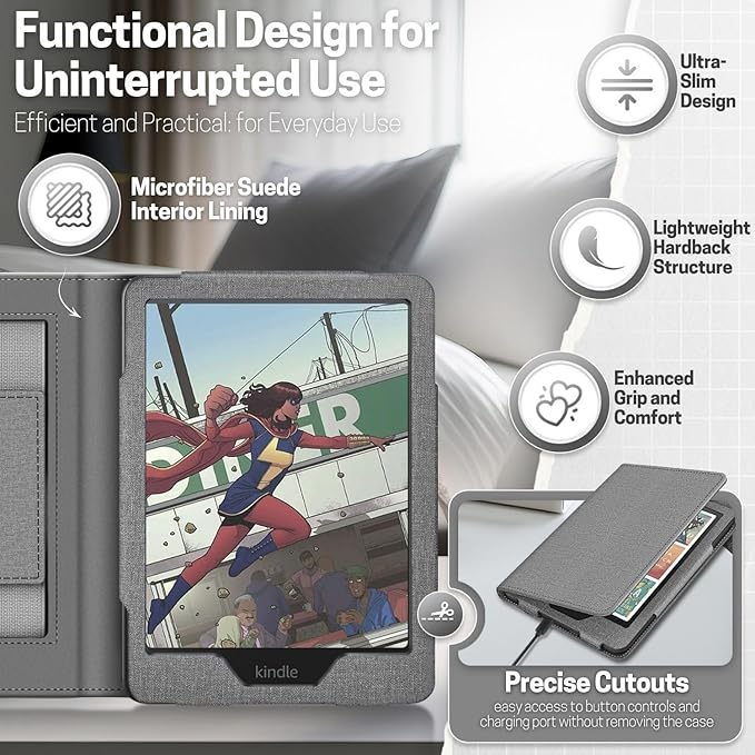 TNP Stand Case with Strap for Kindle Paperwhite 12th Gen 2024 / Kindle Colorsoft Signature Edition - 7" PU Leather Protective Folio Cover with Auto Wake/Sleep & Card Slot, Gray