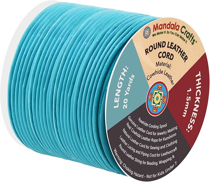 Mandala Crafts Round Genuine Turquoise Leather Cord for Jewelry Making – 1.5mm Cowhide Leather Rope String Lace for Kumihimo – 20 Yards Cowhide Craft Cording Spool