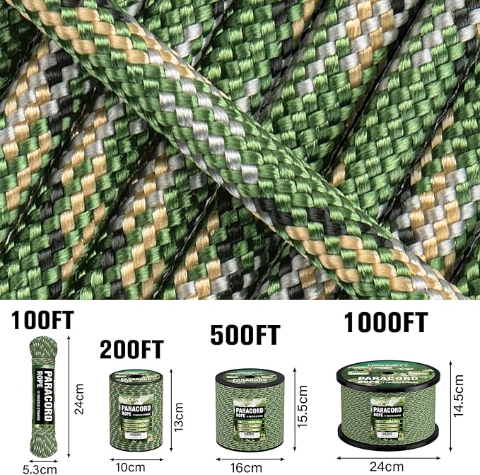 Paracord Rope 750 - Parachute para Cord 4mm 11 Strand Spool Rope Utility Nylon String for Outdoor Camping Survival Utility Tent Crafting DIY Projects - Camo Green 1000ft