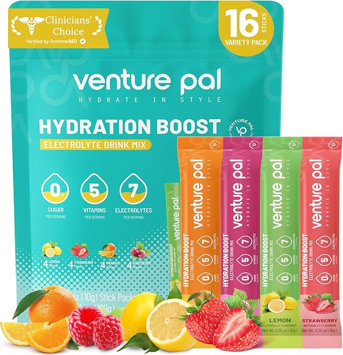 Venture Pal Sugar Free Electrolytes Powder Packets - Liquid Daily IV Hydration Packets | Instantly Hydrating & Party Recovery | 5 Vitamins & 7 Electrolytes | Certified Vegan, Keto, Non-GMO | 16 Sticks
