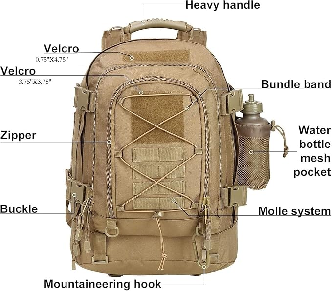 Large Military Bug Out Bag 3 Day Pack Expandable Backpack Army Daypack for Outdoor Hiking Hunting (Tan)