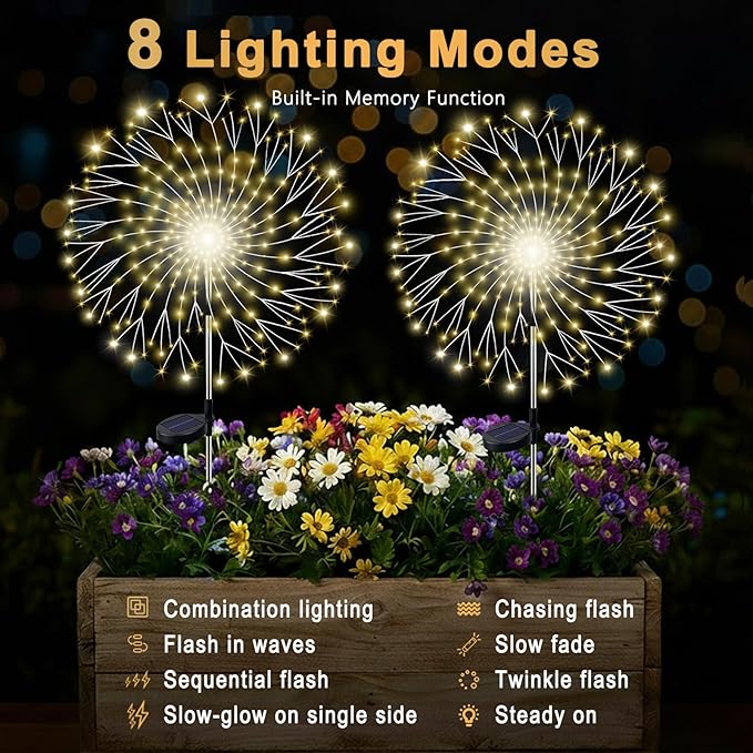 210LED Solar Firework Lights, 4Pack Outdoor Solar Garden Lights Decorative with 8 Modes, Waterproof Fairy Starburst Light for Outside Yard, Pathway, Party, Garden Decor, Warm White