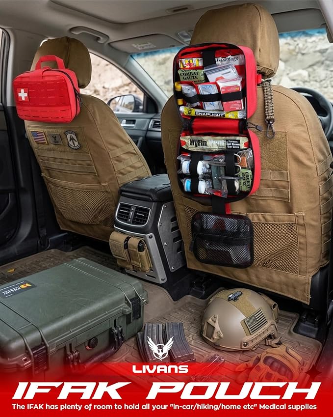 LIVANS Tactical Molle Medical Pouch - Upgraded Size, Large Capacity IFAK Pouch with Detachable Quick Release and Headrest Mount, Includes Flag and Cross Patch
