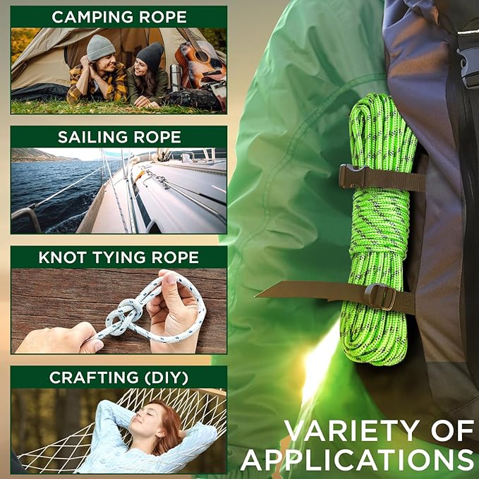 TECEUM Rope – 150 Feet x 1/4 Inch (7mm) – Green Gray – Strong All-Purpose Utility Rope – Camping, Crafting, Flag Pole, Indoor & Outdoor – Polypropylene Nylon Poly Lightweight Diamond Braided Cord