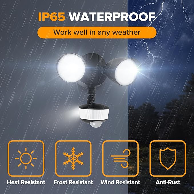 LUTEC 34W 3700 Lumen LED Security Lights Motion Sensor Light Outdoor with Night Light, 5000K IP65 Waterproof, Dusk to Dawn, Hardwired Motion Detector Flood Light for Garage, Yard-Black Night Light