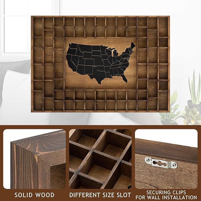 68 Slots 40 x 28'' Large World Map Shot Glass Display Case Rustic Wood Shot Glass Holder for Different Size Wineglass Bar Shelf Organizer Wall Storage Cabinet Decor(Brown,40 x 28'',American Map)
